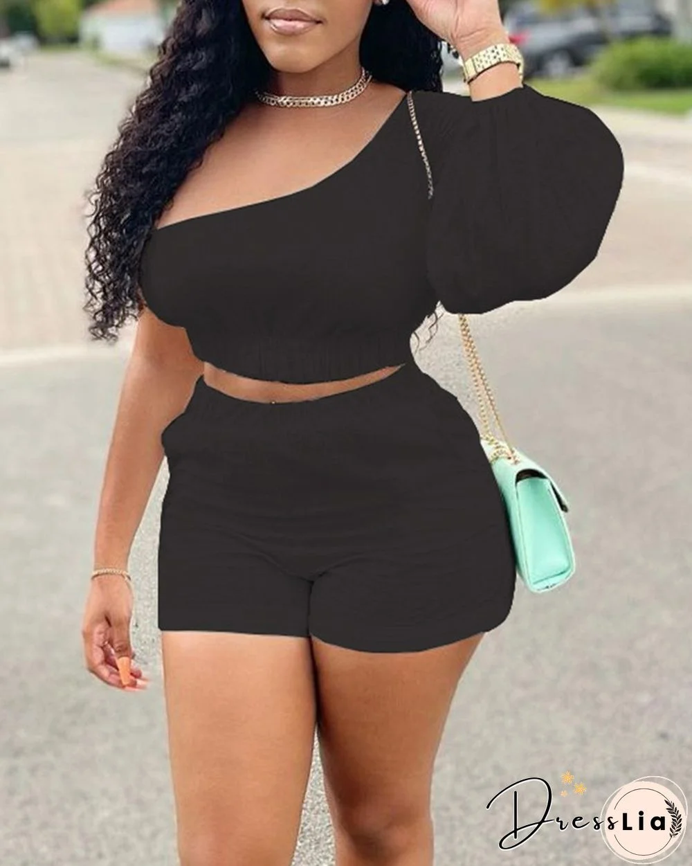 Solid Color One Shoulder Crop Top & Shorts Set