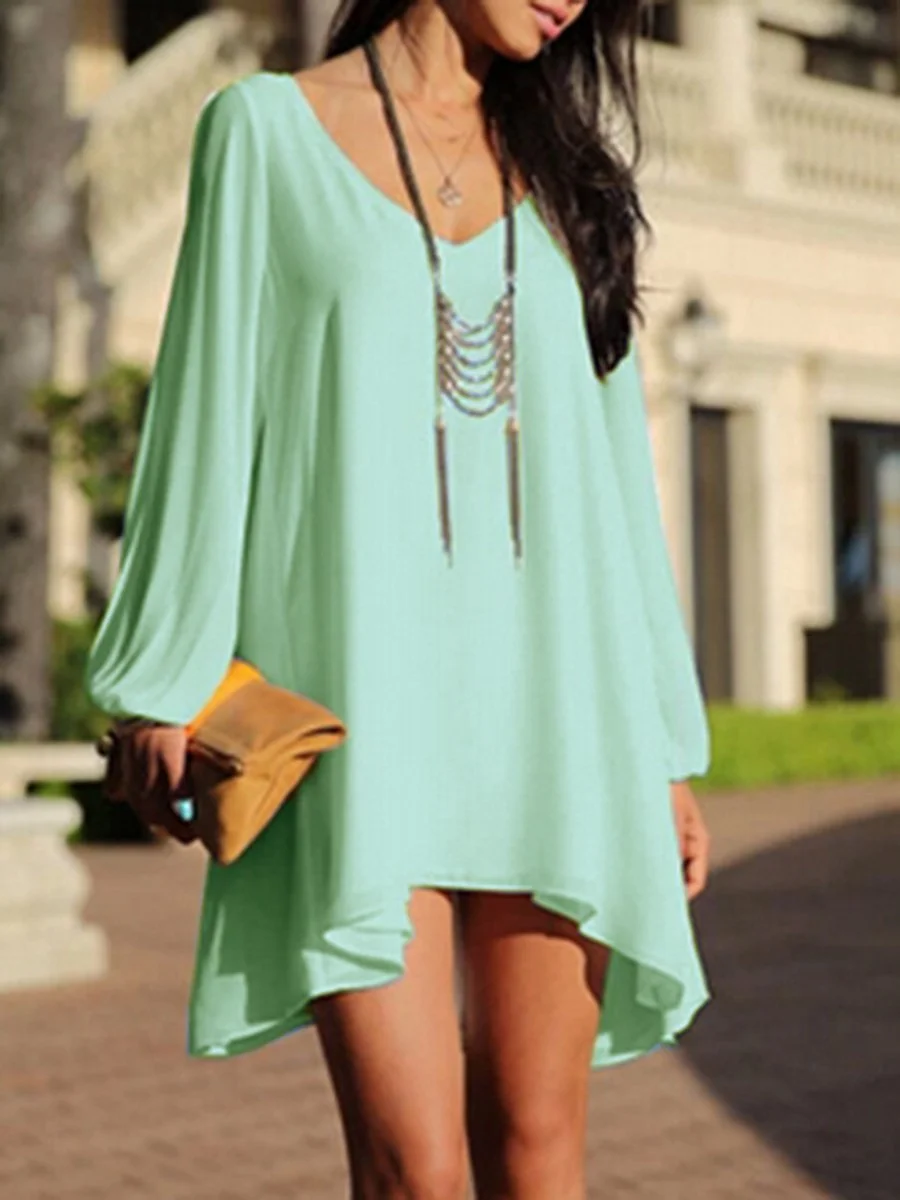 Asymmetric Hem Slit Long Sleeves Solid Color Shift Dresses