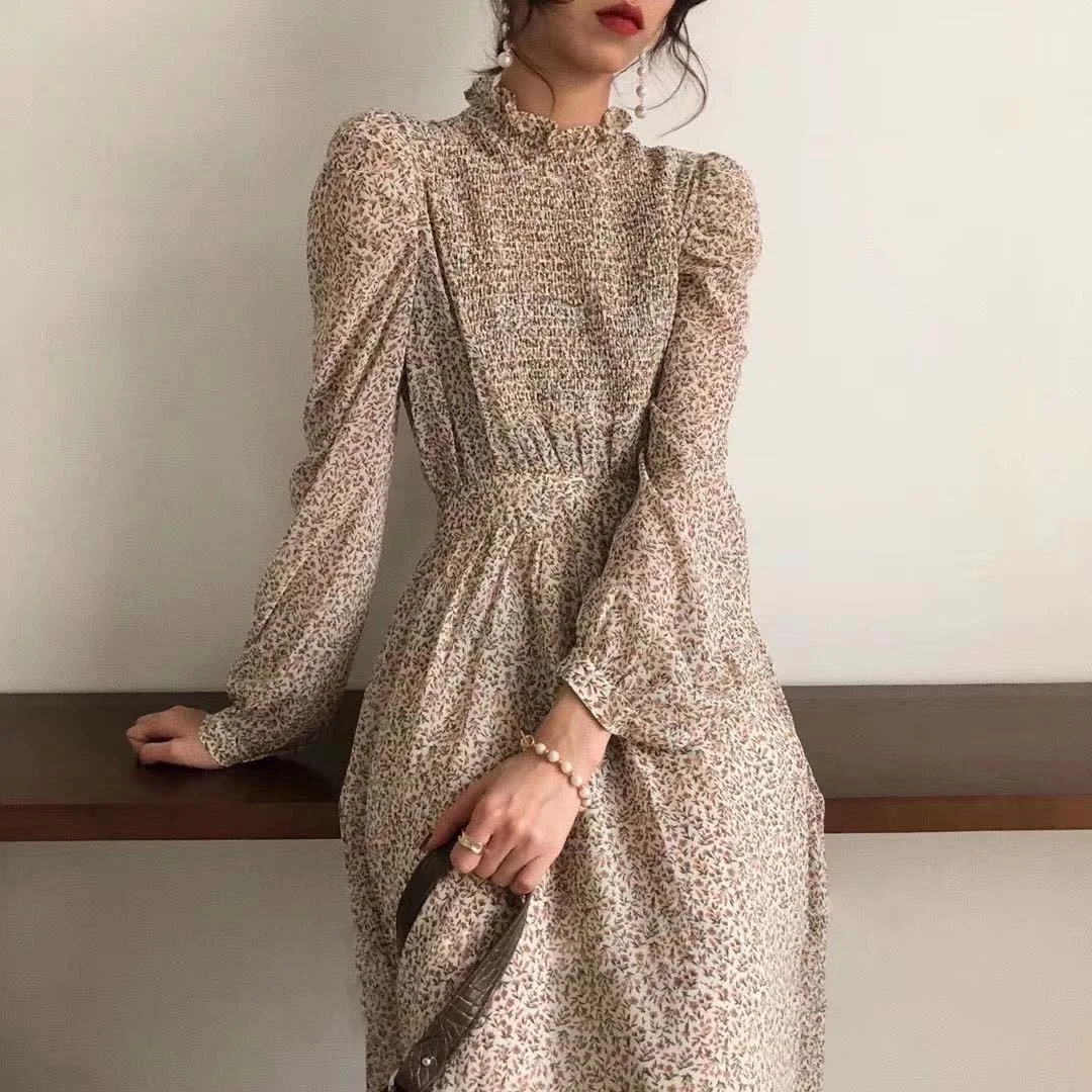 Jangj New 2021 Spring Vantage Elegant Women Dress High Waist Long Sleeve Floral A Line Dress Female Chiffon Casual Long Dresses