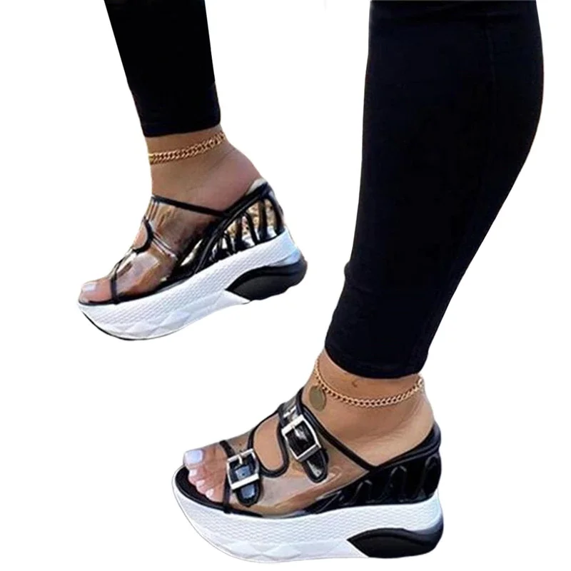 Qengg Summer Woman Sandals Female Wedge Belt Buckle Transparent High Heel Large Size Shoes Platform Waterprooof Fashion Slipper