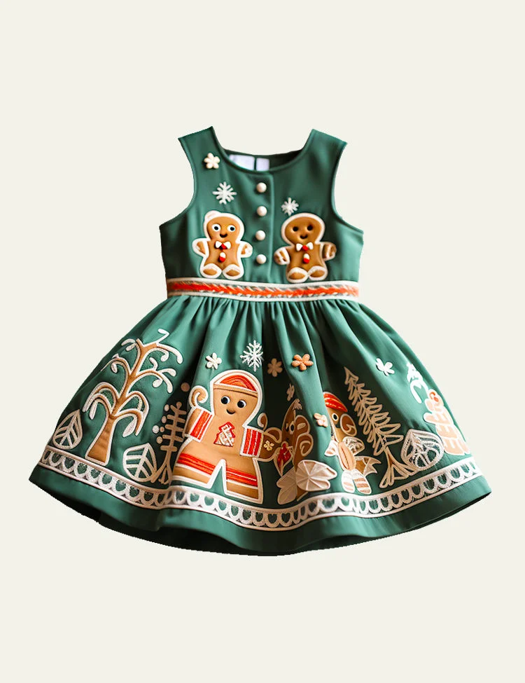 Toddler Girl Gingerbread Man Embroidered Sleeveless Tank Dress