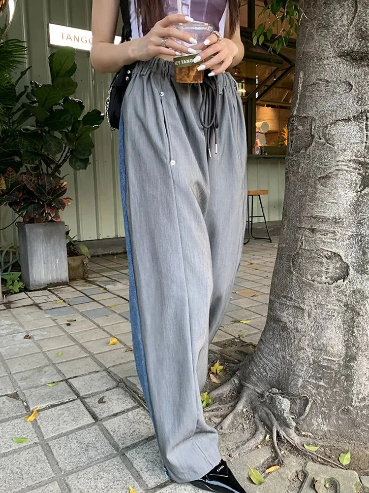 Oocharger Fashion Loose Wide Leg Pants For Women High Waist Ruched Bandage Solid Minimalist Trousers Female Spring Clothing