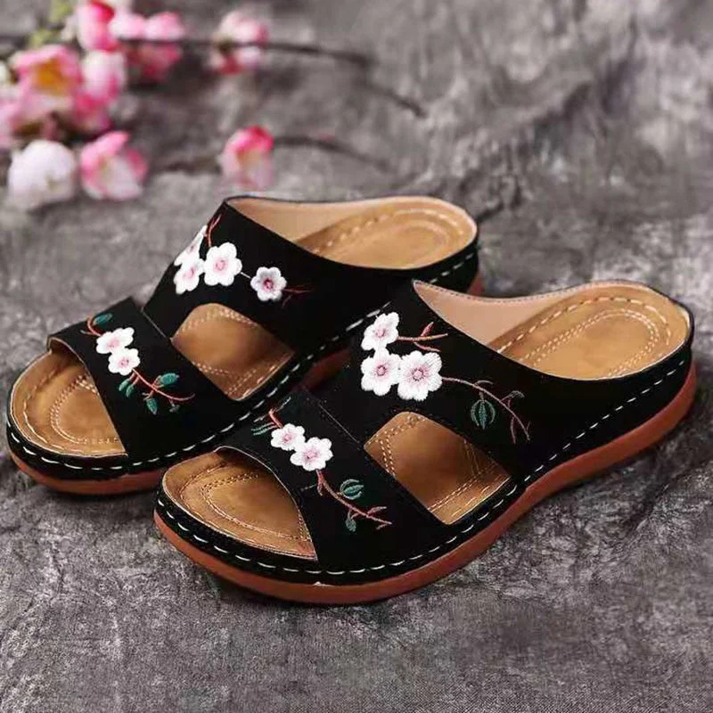 Rimocy Fashion Embroider Soft Slippers Women Summer Open Toe Flock Comfort Beach Shoes Mujer 2022 Outdoor Thick Bottom Slippers