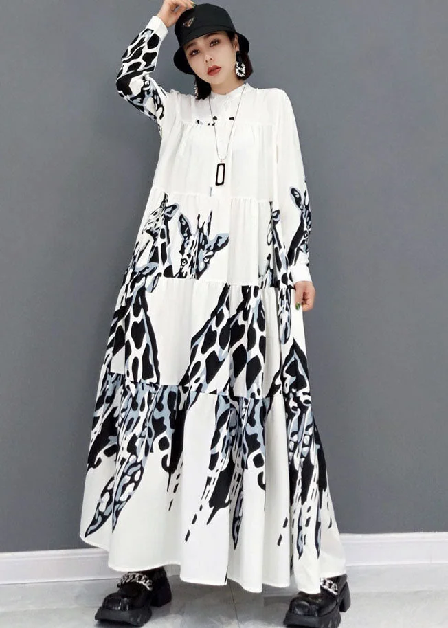 Plus Size White Stand Collar Print Pleated Long Dresses Long Sleeve