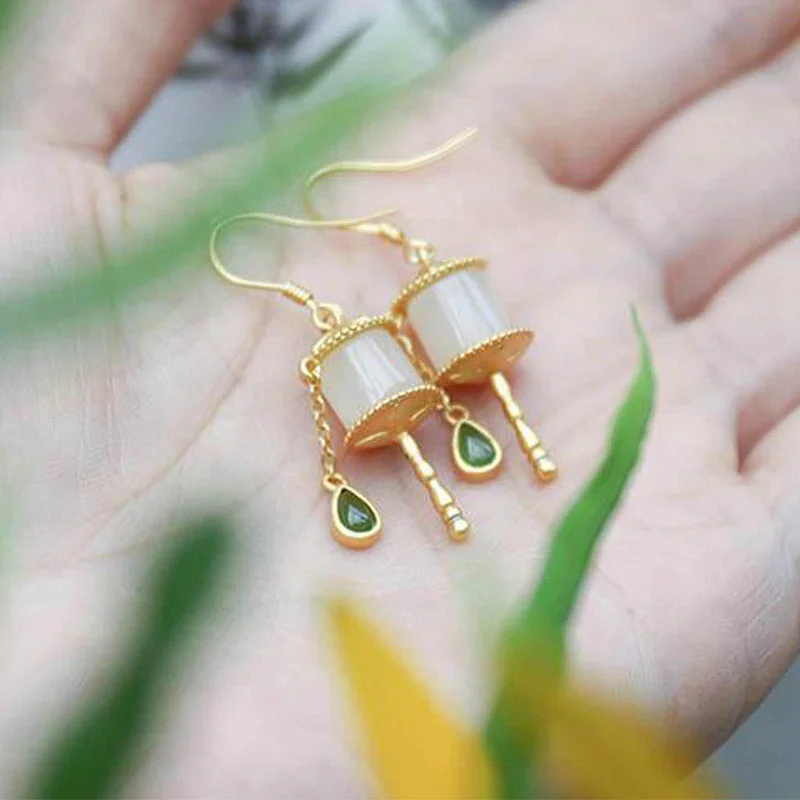 925 Sterling Silver Jade Prayer Wheel Luck Drop Earrings