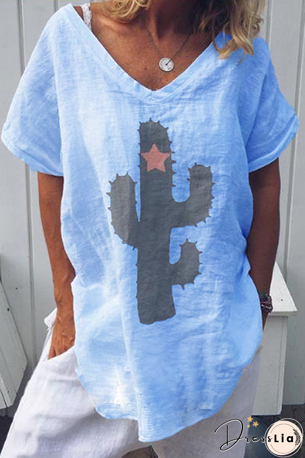Fashion Print Split Joint V Neck T-Shirts(5 Colors)