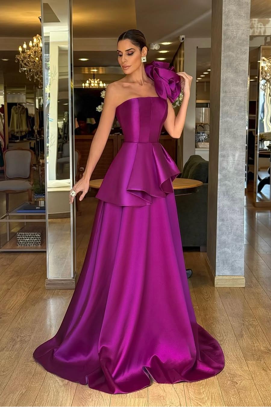 Lussooy Purple Elegant One Shoulder Satin Sleeveless Prom Dress with Ruffles 