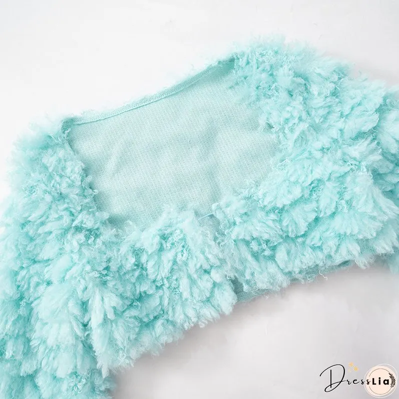 Autumn And Winter Mint Green Long Sleeve Fur Coat Short Skirt Two Piece Set