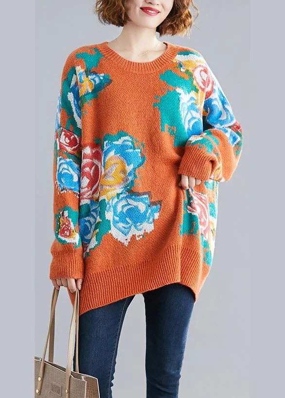 Aesthetic orange print knit tops o neck plus size knitwear