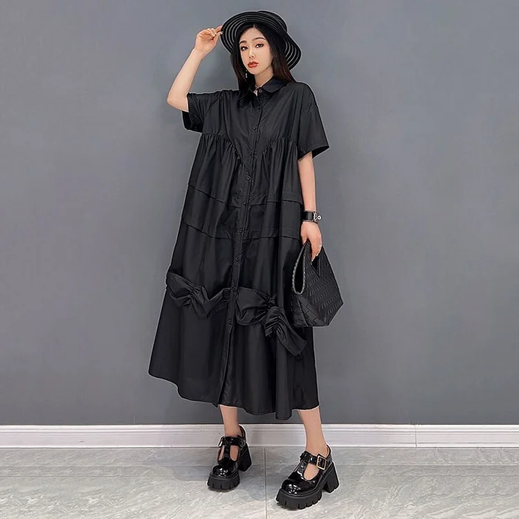 Casual Solid Color Turn-down Collar Patchwork Folds Single-breasted Shirt Dress 