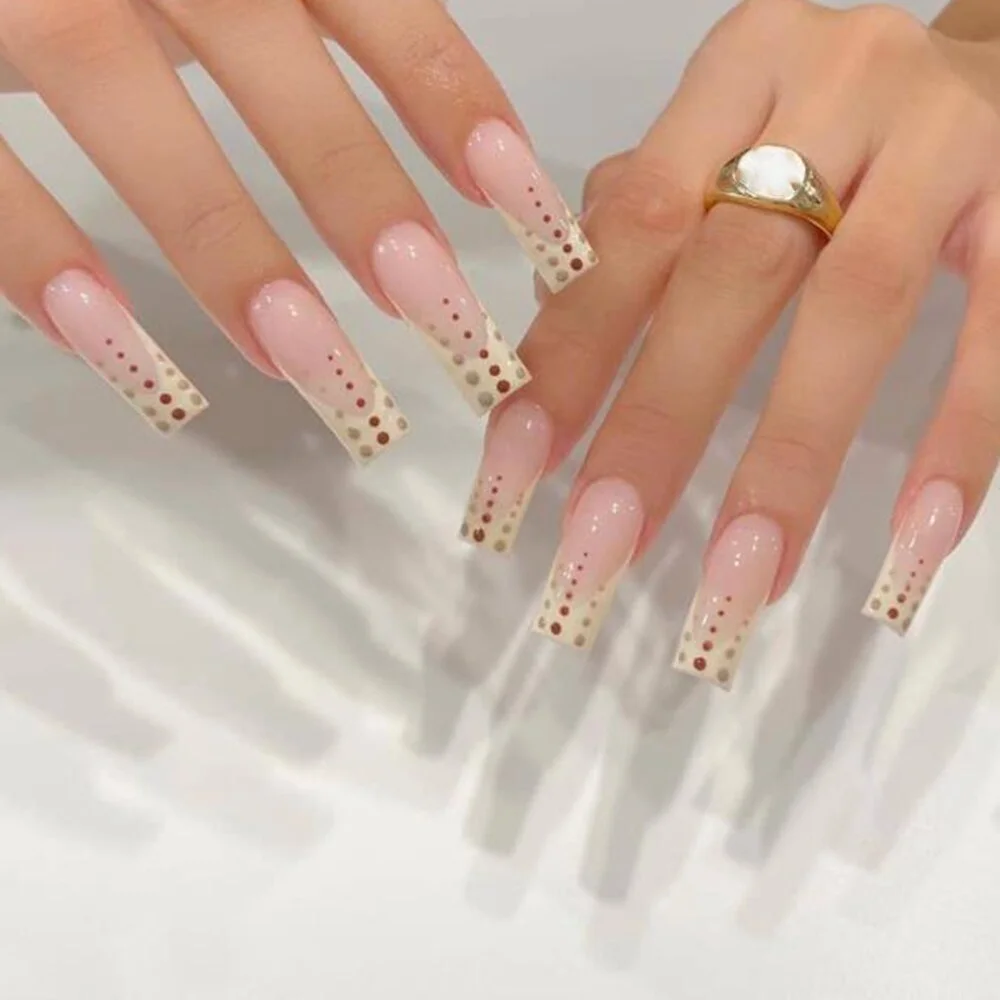 Long French False Nails Nude Polka Dot Design Ballerina Fake Nails Press On Nails Coffin Manicure Nail Decoration Art Full Tips