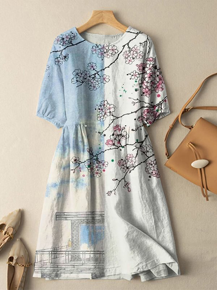 Comstylish Japanese Watercolor Floral Splicing Print Cotton Linen Blend Midi Dress