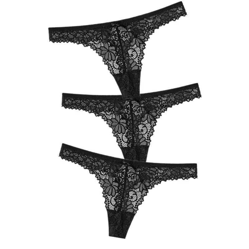 3Pcs/Lot Sexy Lace Thong Low Waist Lace Transparent Panties Women Hollow out Breathable G String Briefs Bow Underwear Lingerie