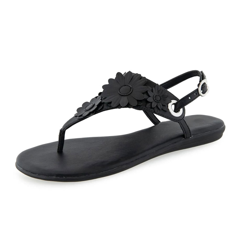 Vegan Leather Round Toe Buckle Flip Flop Black Flat Sandals for Women Nicepairs