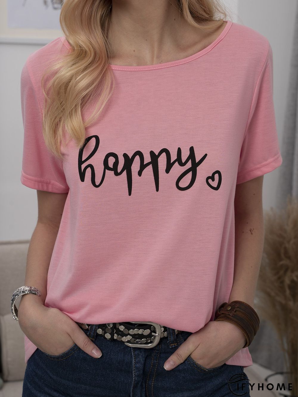 Plus Size Women Short Sleeve Happy Floral Casual Tops | IFYHOME