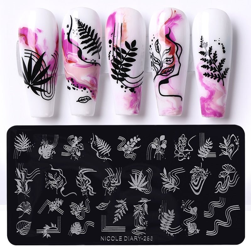NICOLE DIARY Stamping Plates Leaf Line Design Stainless Steel Stencil Nail Art Templates Texture Heart French Decoration