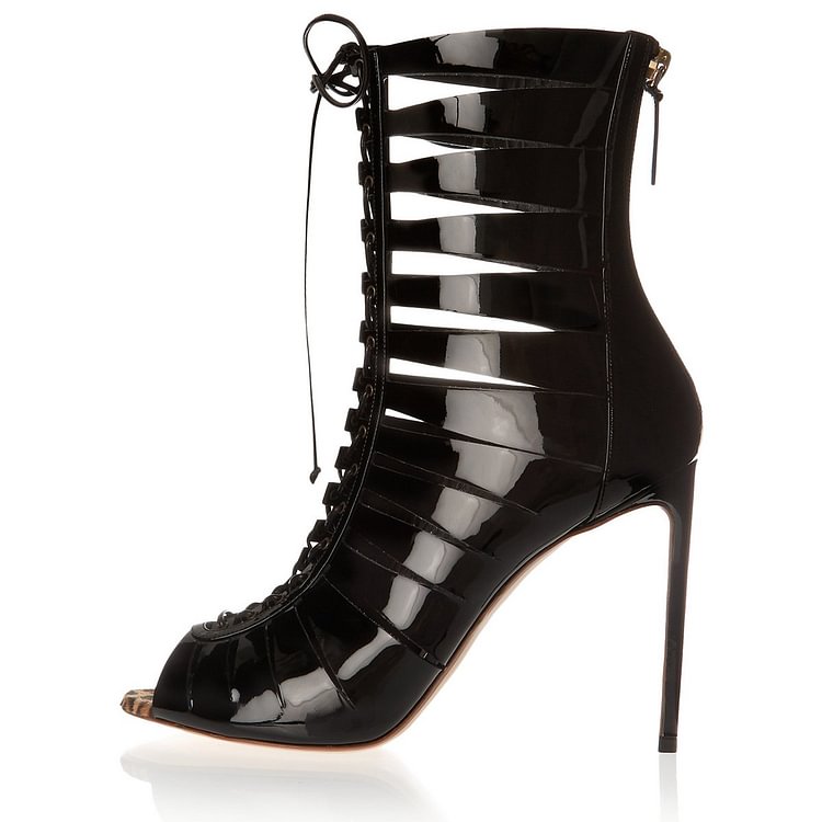 Black Patent Leather Gladiator Heels Peep Toe Lace up Stiletto Heels |FSJ Shoes