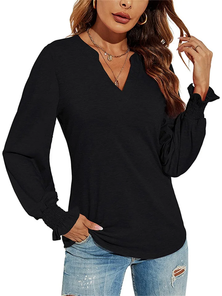 Autumn Tops Women New V Neck Splicing Loose Solid Color Long-sleeved Comfortable Casual T-shirt Women's