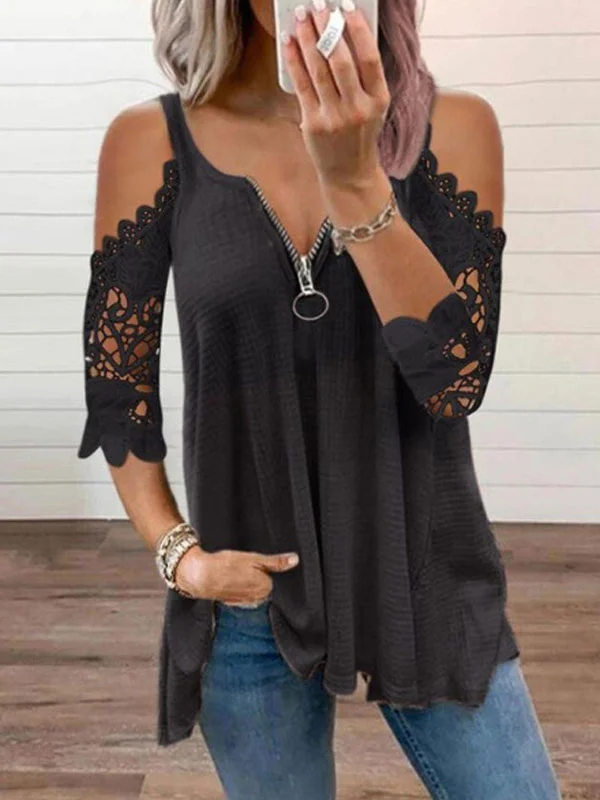 Hollow Lace Sleeves Comfortable Breathable Ladies Short Sleeves