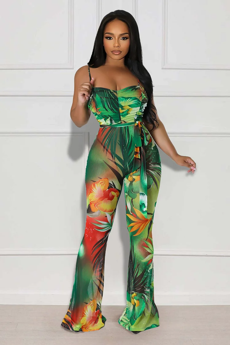 Tropical Print Knotted Waist Slim-Fit Cami Flare Leg Jumpsuit-Green
