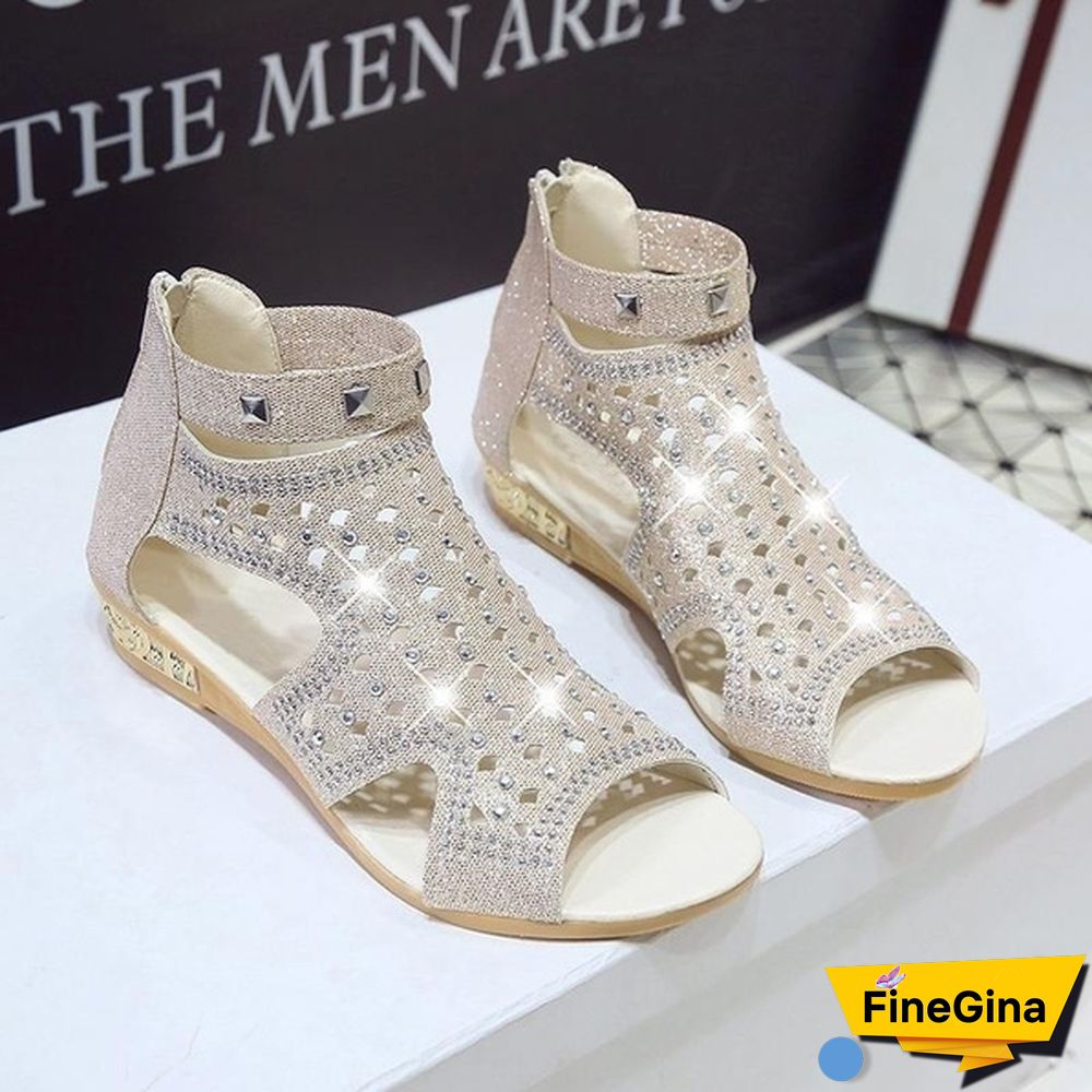 Summer Women's New Rhinestone Sandals Metal Hollow-out Roman Wedge Shoes