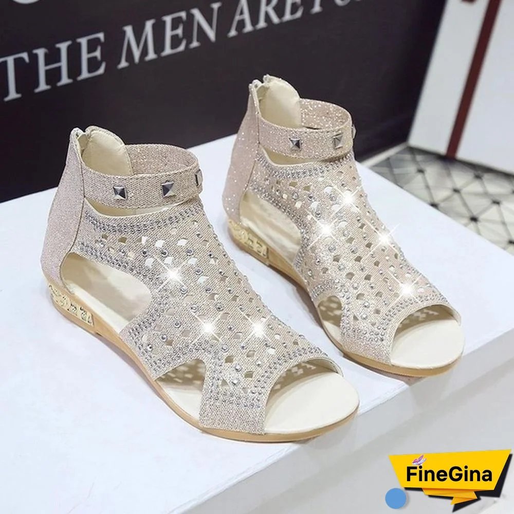Summer Women's New Rhinestone Sandals Metal Hollow-out Roman Wedge Shoes