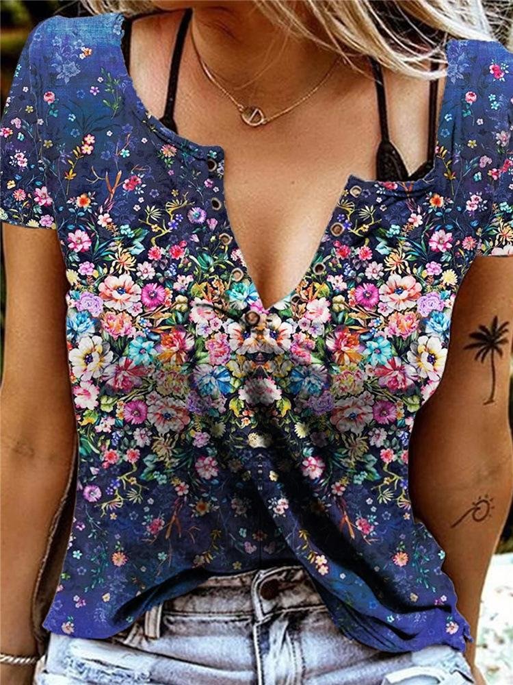 Women's Short Sleeve V-neck Floral Printed Tops T-shirts