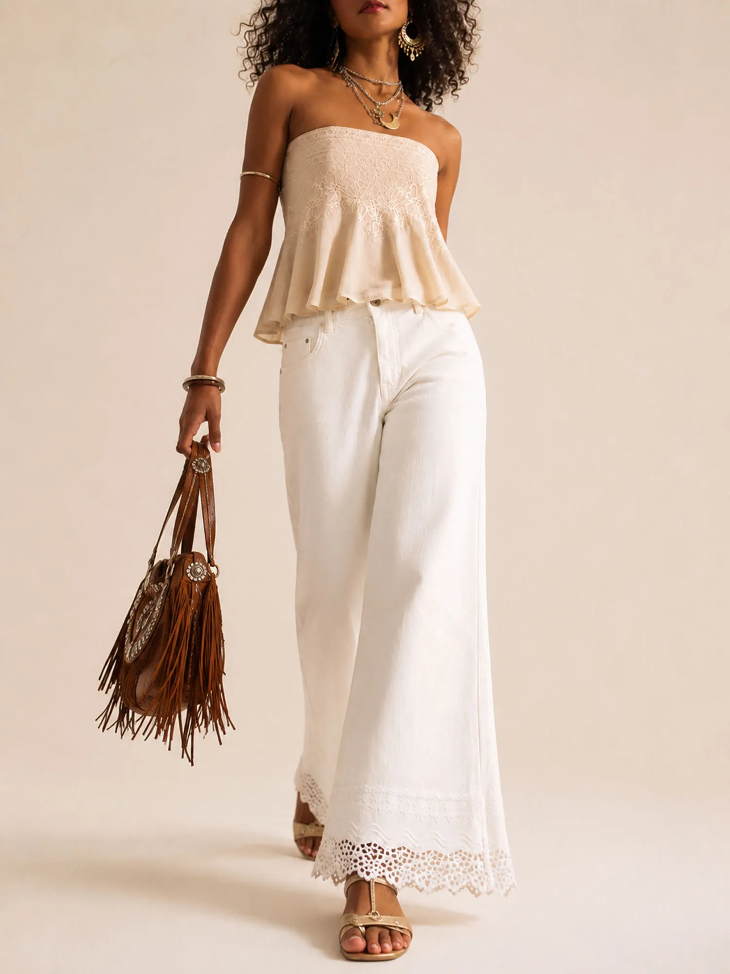 Perfect for a Summer Music Festival &mdash; White Eyelet Lace Trim High-Waisted Wide-Leg Denim Pants