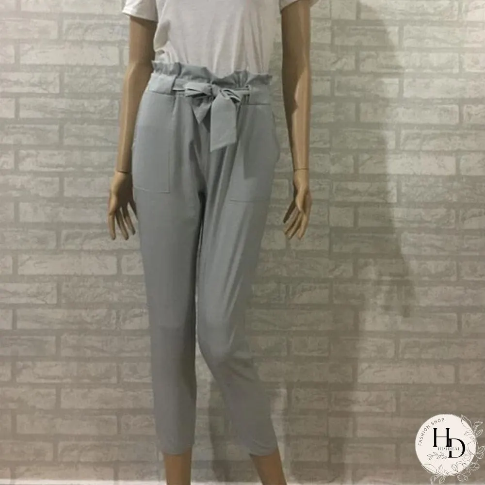 Loose Bow Tie Ruffles Women Pants Casual Solid High Waisted Belt Pocket Spring Women