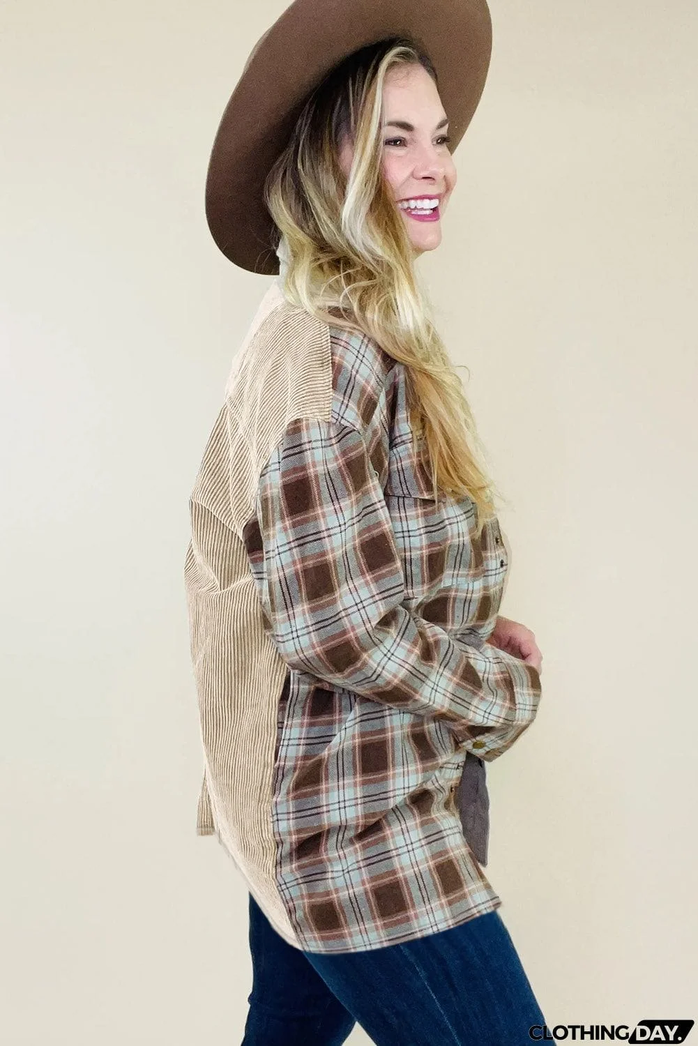 Plus Size Washed Cord Plaid Shirt