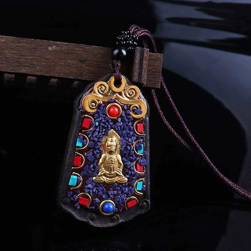 Ebony Wood Elephant Lotus Balance String Necklace Pendant