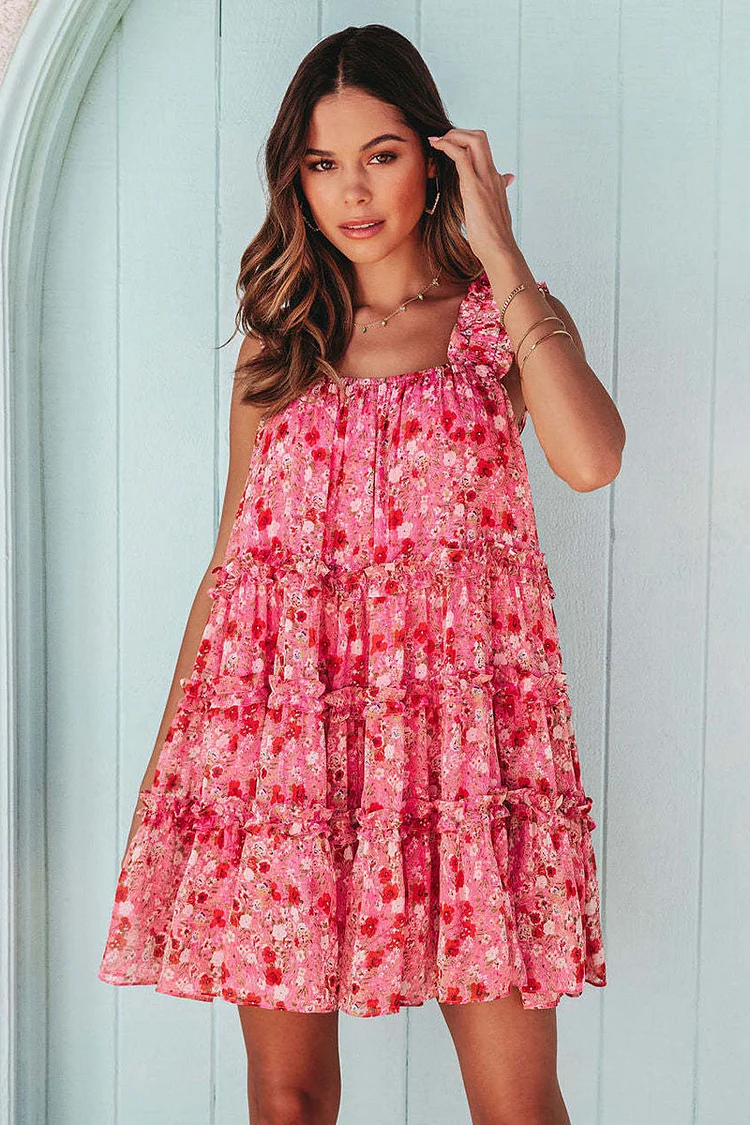 Straps Backless Boat Neck Vacation Floral Print Tiered Pleated Casual Mini Dresses