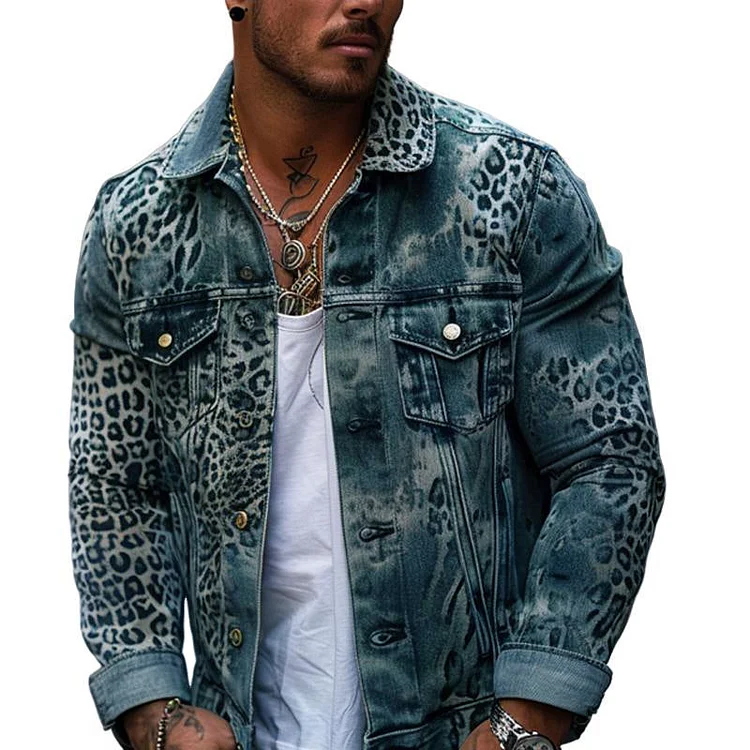 [Flash Sale]Men's Leopard Ombre Print Denim Trucker Jacket