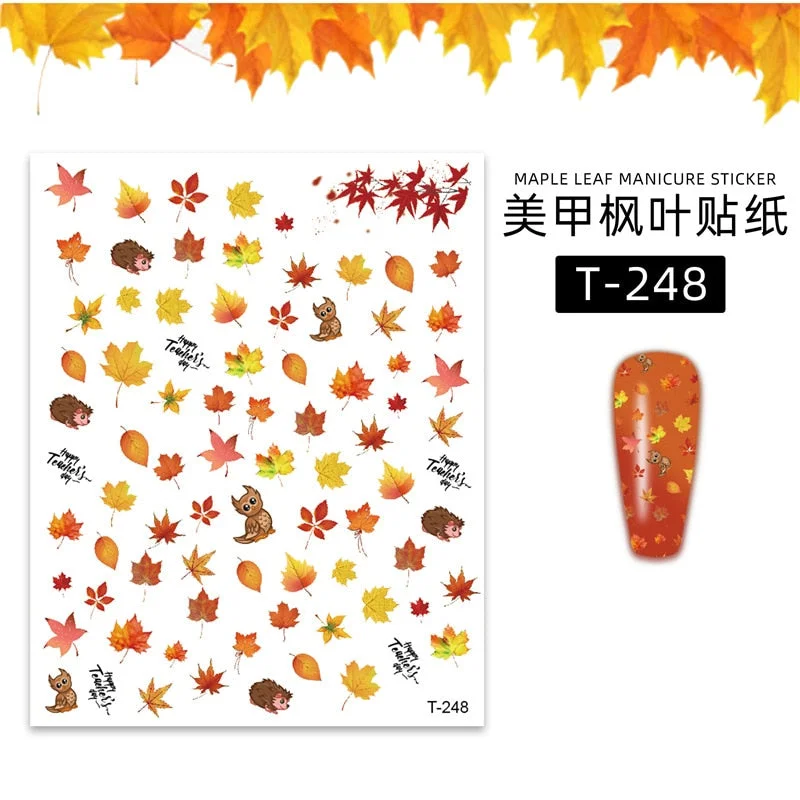 1pcs Fall Maple Leaves Nail Stickers 3D Yellow Gold Fall DIY Sliders Nail Art Decoration Autumn  Adhesive Manicure Nail Decals-Nail Inspo