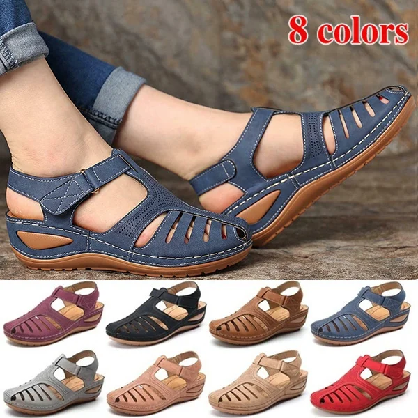 New Leather Hollow Out Vintage Sandals Casual Flat Sandals Summer Women Beach Sandal