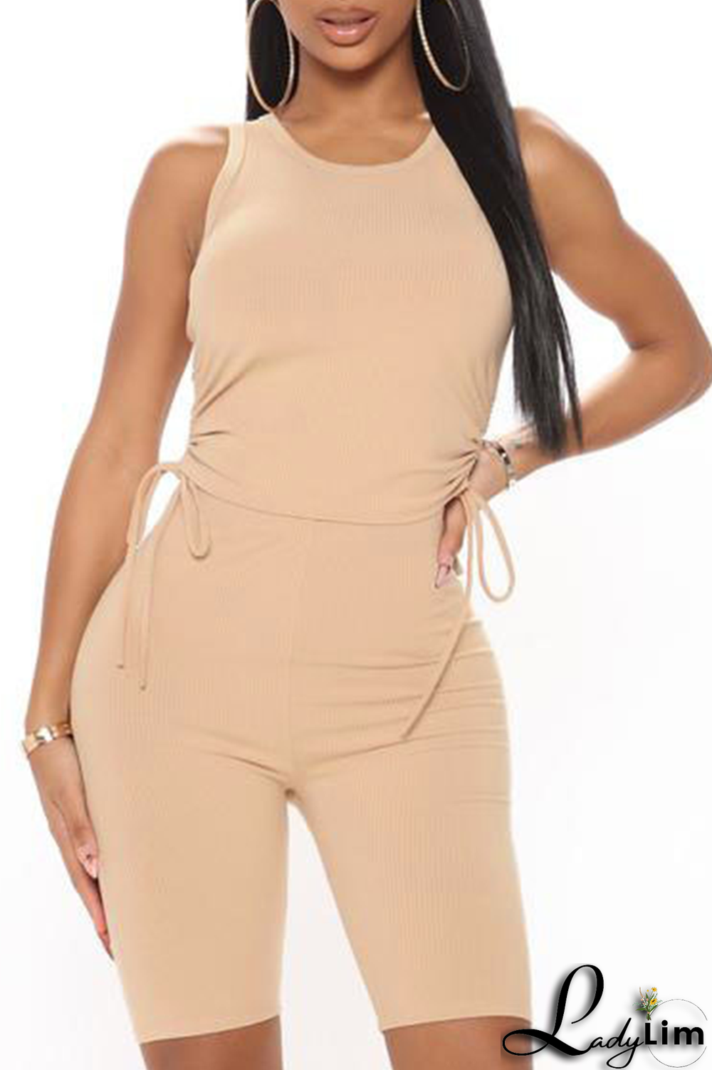 Grey Sportswear Solid Draw String O Neck Sleeveless Two Pieces