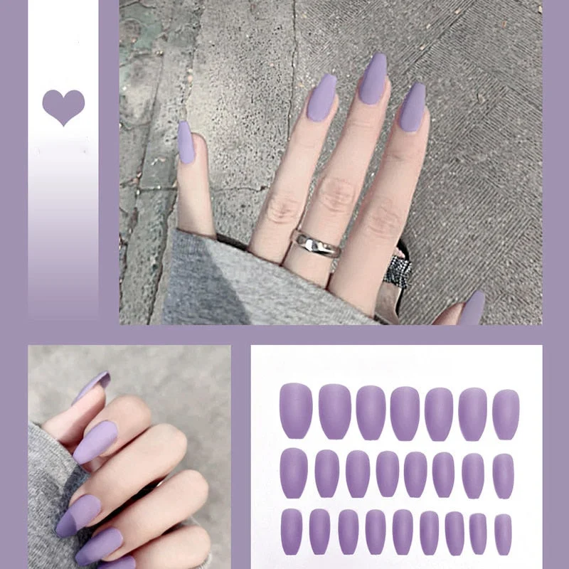 24pcs/box Full Cover fake Press on Nails Matte Yellow Pure Acrylic Frosted Ballerina acrylic for nails for Women free shipping-Nail Inspo