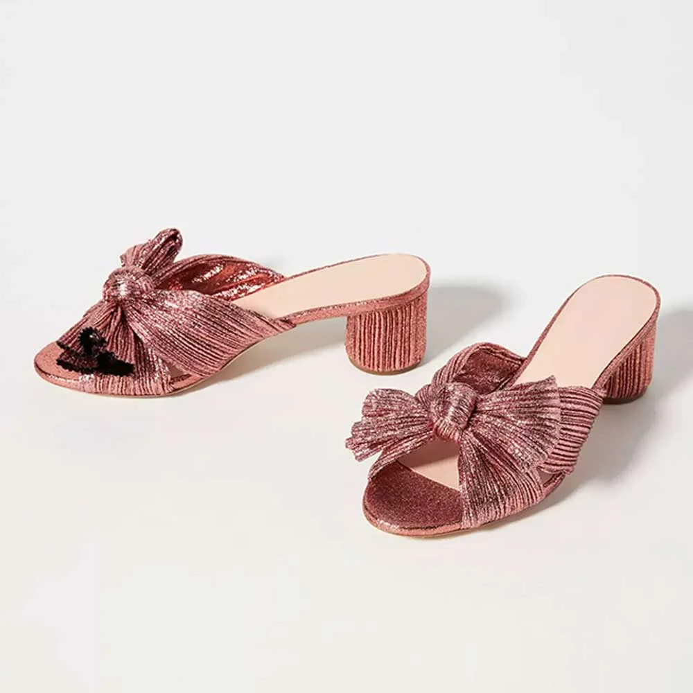 Wrinkled Slip On Mid Block Heel Pink Glitter Women Sandals with Bow