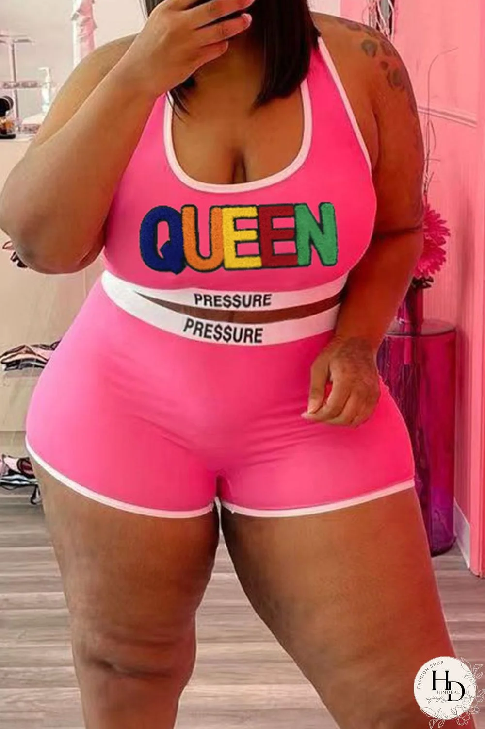 Pink Casual Sportswear Solid Embroidered Split Joint U Neck Plus Size Two Pieces