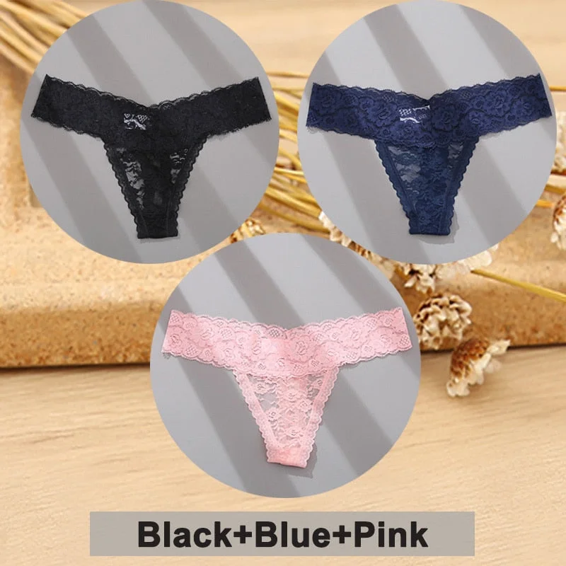 3PCS/Set Lace Panties Full Floral Underwear Women Panties Underpants Sexy Briefs Thong Lace G-String Female Lingerie Intimates