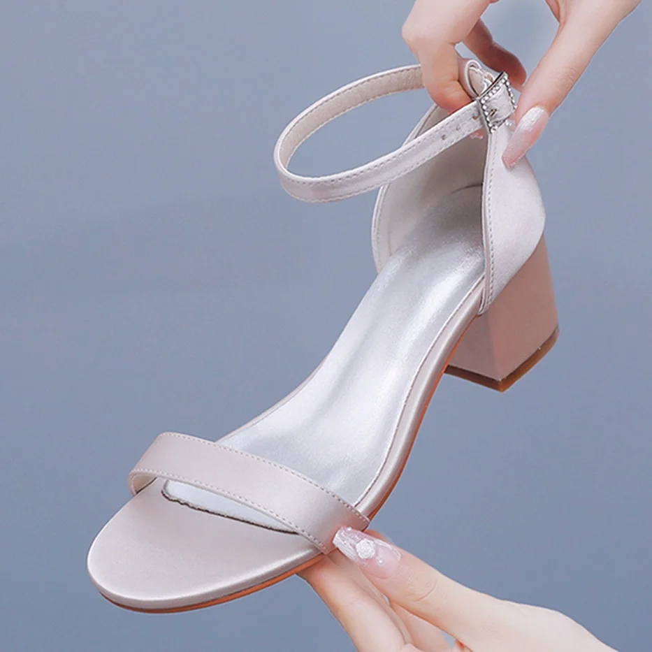 Breakj Breakj Cm Square Heel Sandals Shallow Mouth With Buckle Sandals Ivory White Silk Satin Cloth Bride White Sandals Woman