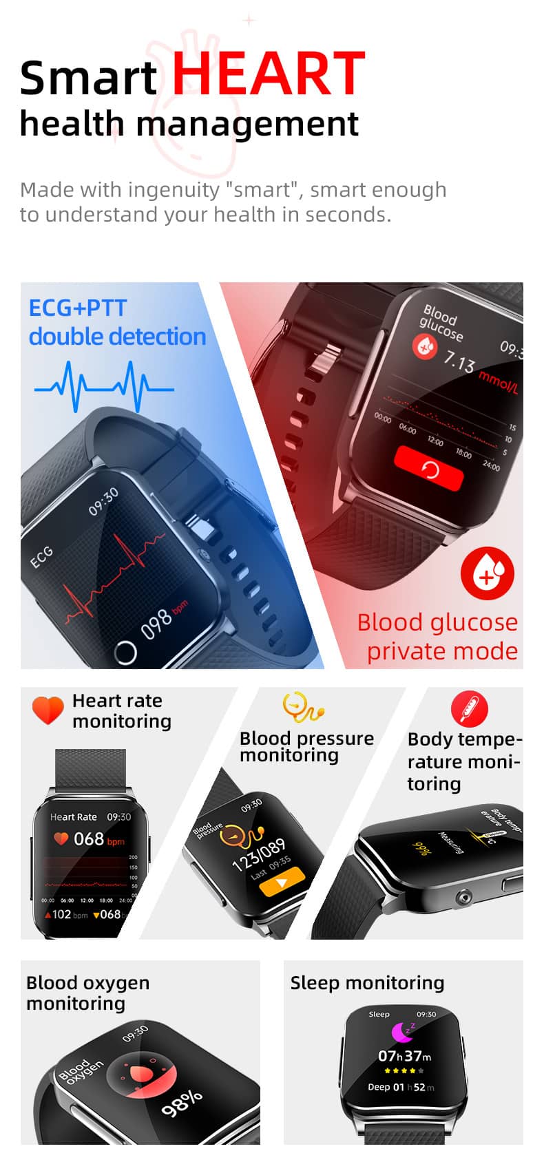 Findtime ECG Smartwatch for Blood Pressure Monitor BO&HR Blood Glucose Body Temperature