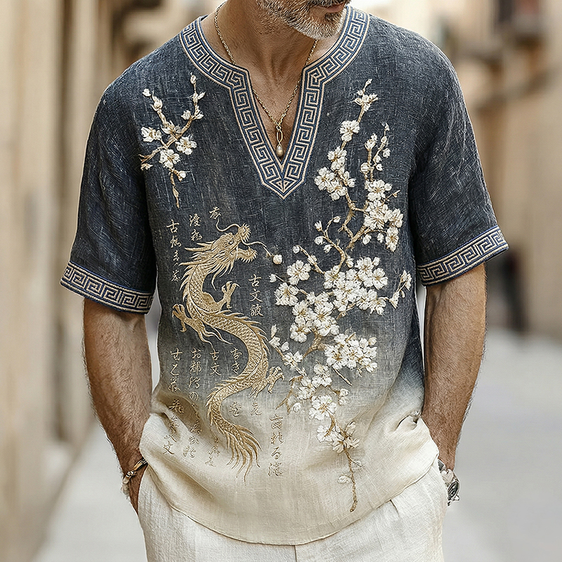 Vintage Japanese Dragon And Almond Blossom Art Printed Short-sleeve Tops elevenforest