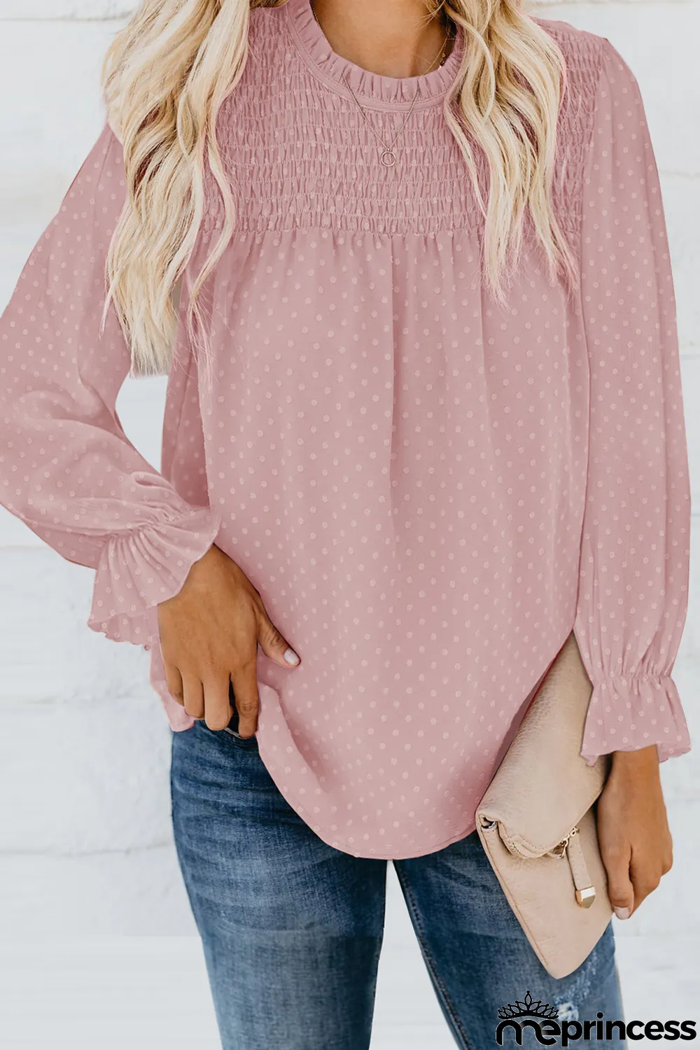 Pink Swiss Dot Smocked Long Sleeve Top