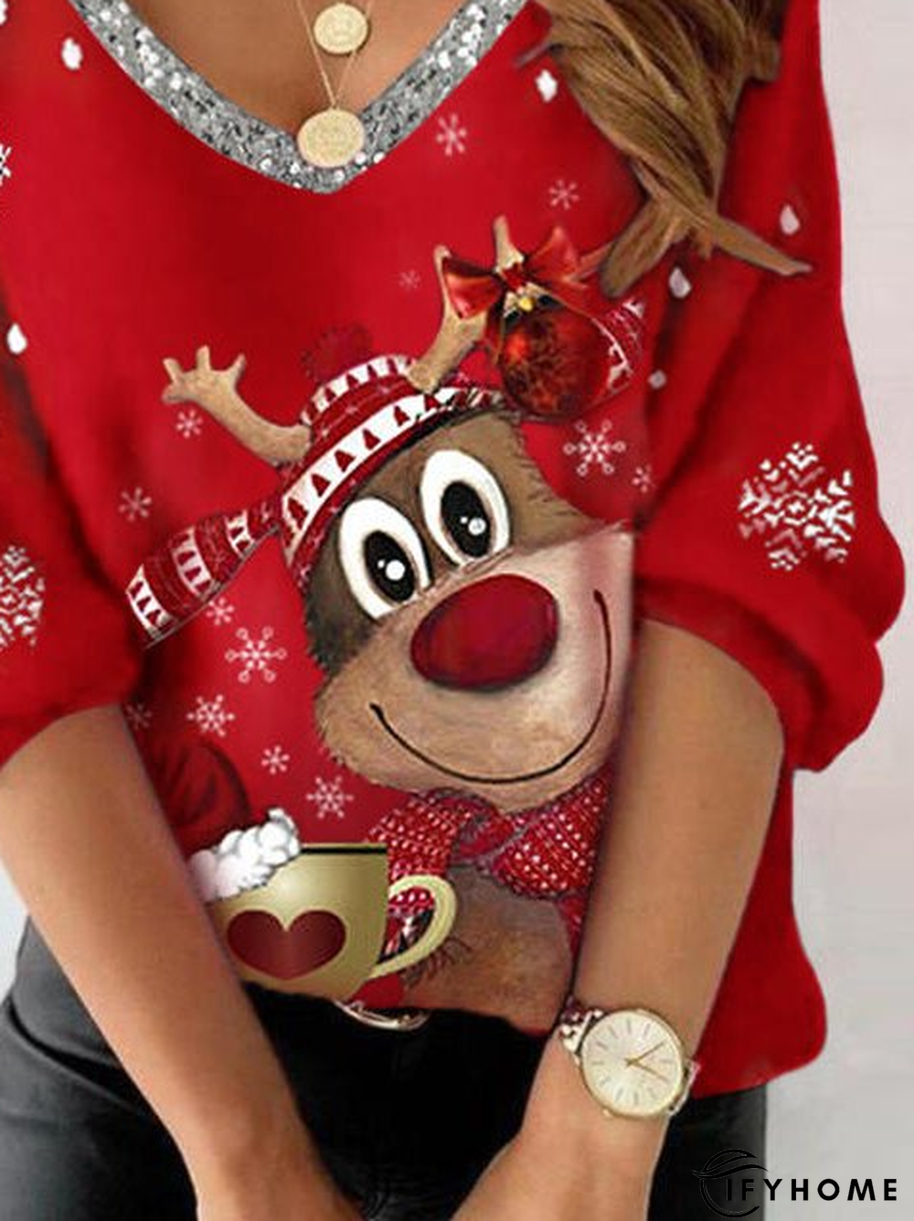 Christmas Regular Fit Glitter V Neck T-Shirt | IFYHOME