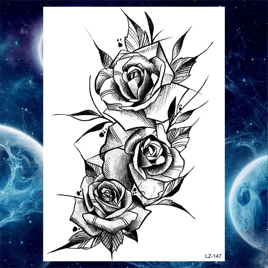 Large 3D Rose Flower Temporary Tattoos For Women Men Adults Death Skull Tattoo Sticker Peony Dahlia Black Fake Tatoos Forearm
