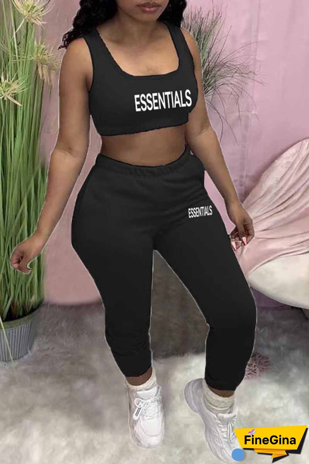 Black Casual Print Letter U Neck Sleeveless Two Pieces