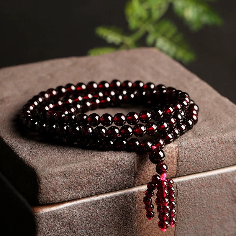 Chinese Natural 108 Purple Garnet Beads Tassels Mala Bracelet