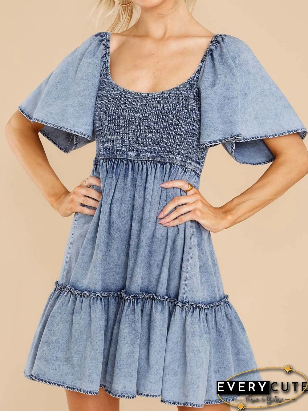 Women'S Dresses Loose Square Neck Short Sleeve Denim Dress
