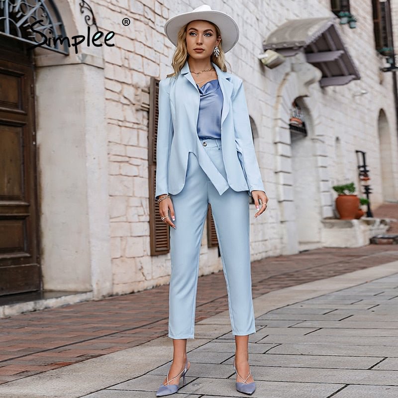 Simplee Elegant knot women business suit autumn winter Office lace up blue ladies suits blazer Fashion two piece female pant set